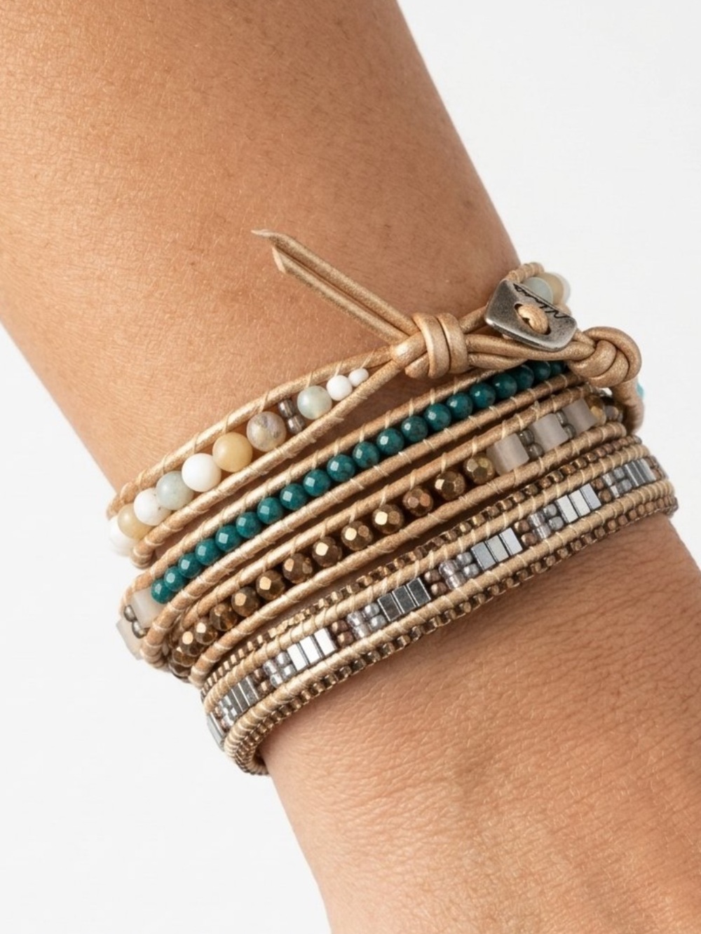 Nakamol Multi-Strand Beaded Leather Wrap Bracelet - Turquoise, Yellow & White